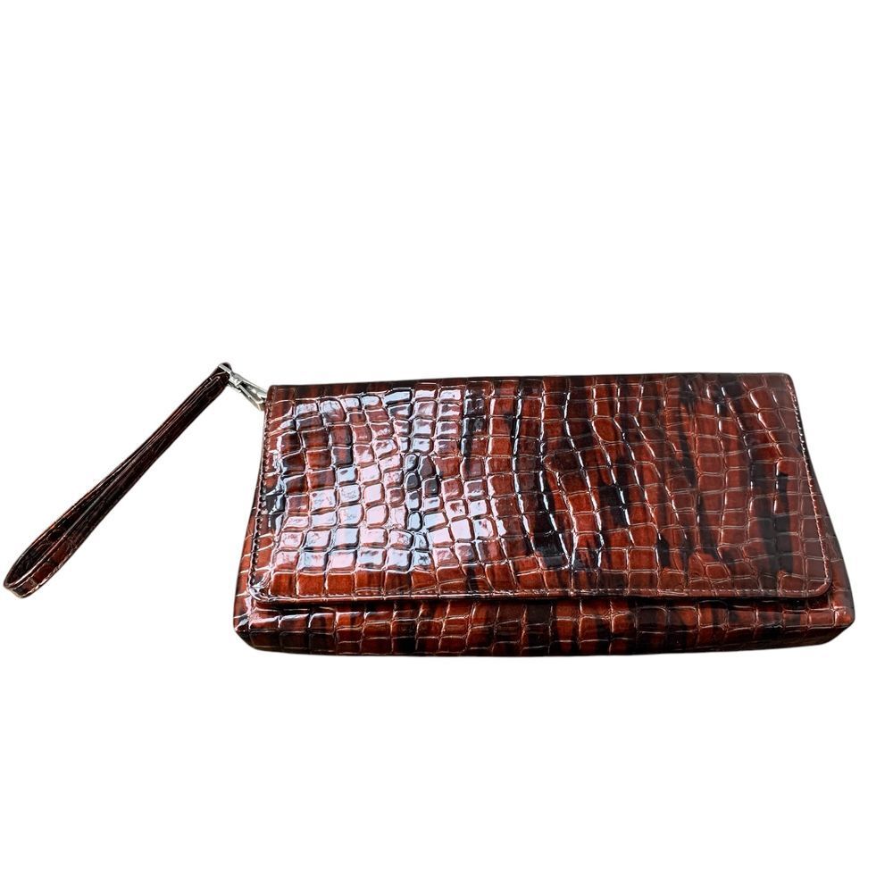 Kate Landry Brown faux Croc Embossed‎ Clutch Wristlet Evening Bag